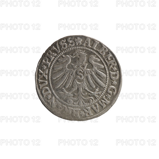grosz, Wille, Albrecht (fl. 1520-?), publisher; Decjusz, Jost Ludwik (fl. 1528-1535); Straub (Strawb), Heinrich, publisher. Albrecht Hohenzollern (Prince of Prussia; 1490–1568) — iconography: eagles, Hohenzollern coat of arms, male busts in armour. Aw. Prussian Eagle, on its breast a crowned letter S. Along the rim, between the pearly borders, an inscription beginning with a rosette ALBER*D*G*MAR*B, N*DVX*PRVSS. Rw. Male bust in armor, profile turned to the right, short hair, beard with sideburns. Along the rim, between the pearly borders, an inscription beginning with the Hohenzollern coat of arms shield *IVSTVS*EX*FID, IVIT*I53Z*. Date: 1532. Duchy of Prussia (1525–1701), Königsberg. Coin: diameter 22.6 mm, weight 2.04 g, axis 300°.
