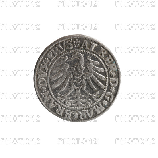 grosz; Straub (Strawb), Heinrich, publisher; Wille, Albrecht (fl. 1520-?), publisher; Decjusz, Jost Ludwik (fl. 1528-1535); eagles; Albrecht Hohenzollern (Prince of Prussia; 1490-1568) - iconography; male busts in armour; Hohenzollern (coat of arms); Aw. Prussian Eagle, on its breast a crowned letter S. Along the rim, between the pearly borders, an inscription beginning with a rosette ALBER*D*G*MAR*BRAN*DVX*PRVS. Rv. Male bust in armor, profile turned to the right, short hair, beard with sideburns. Along the rim, between the pearly borders, an inscription beginning with the Hohenzollern coat of arms *IVSTVS*EX*FIDE*VIVIT*I53Z*. Date: 1532. Place: Ducal Prussia (1525-1701), Königsberg. Object: coin; diameter 22.5 mm; weight 1.87 g; axis 180 degrees.