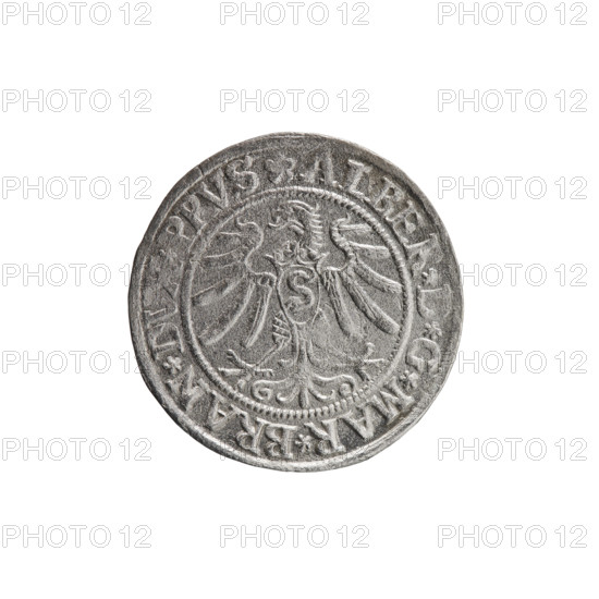 grosz, Straub (Strawb), Heinrich, publisher, Wille, Albrecht (fl. 1520-?), publisher, Decjusz, Jost Ludwik (fl. 1528-1535), eagles, Albrecht Hohenzollern (Prince of Prussia; 1490-1568) - iconography, Hohenzollern (coat of arms), male busts in armour, Aw. Prussian Eagle, on its breast a crowned letter S. Along the rim, between the pearly borders, an inscription beginning with a rosette ALBER*D*G*MAR*BRAN*DVX*PRVS Rw. Male bust in armor, profile turned to the right, short hair, beard with sideburns. Along the rim, between the pearly borders, an inscription beginning with the Hohenzollern coat of arms *IVSTVS*EX*FIDE*VIVIT*I53Z*, 1532, Ducal Prussia (1525-1701), Königsberg, coin, coin: diameter 23.0 mm, weight 1.76 g, axis 135 degrees.
