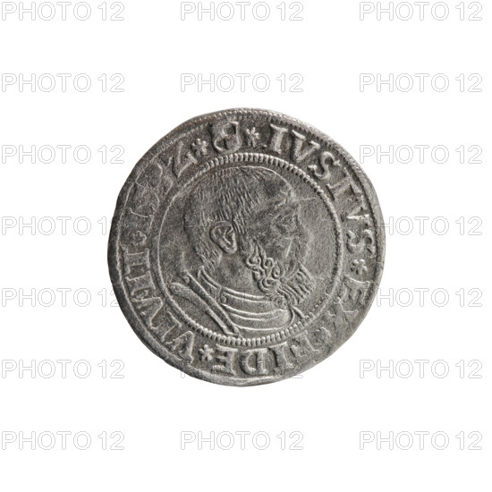 grosz; Straub (Strawb), Heinrich, publisher; Wille, Albrecht (fl. 1520-?), publisher; Decjusz, Jost Ludwik (fl. 1528-1535); eagles; Albrecht Hohenzollern (Prince of Prussia; 1490–1568) — iconography; Hohenzollern (coat of arms); male busts in armour; Aw. Prussian Eagle, on its breast a crowned letter S. Along the rim, between the pearly borders, an inscription beginning with a rosette ALBER*D*G*MAR*BRAN*DVX*PRVS. Rw. Male bust in armor, profile turned to the right, short hair, beard with sideburns. Along the rim, between the pearly borders, an inscription beginning with the Hohenzollern coat of arms *IVSTVS*EX*FIDE*VIVIT*I53Z*. 1532; Ducal Prussia (1525–1701); Königsberg; coin; diameter 23.0 mm; weight 1.76 g; axis 135°.