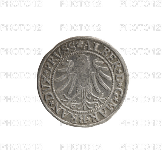 grosz; Straub (Strawb), Heinrich, publisher; Decjusz, Jost Ludwik (fl. 1528–1535); Wille, Albrecht (fl. 1520–?), publisher. Obverse: Aw. Prussian Eagle, on its breast a crowned letter S. Along the rim, between pearly borders, inscription beginning with a rosette ALBER*D*G*MAR*BRAN*DVX*PRVSS. Reverse: male bust in armour, profile right, short hair, beard with sideburns. Along the rim, between pearly borders, inscription beginning with the Hohenzollern coat of arms *IVSTVS*EX*FIDE*VIVIT*I53Z*. 1532. Ducal Prussia (1525–1701), Königsberg. Coin; diameter 22.9 mm; weight 1.96 g; axis 225°.