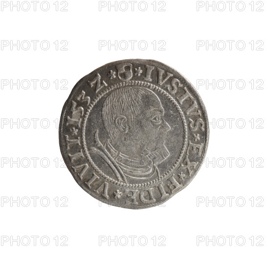 grosz; Straub (Strawb), Heinrich, publisher; Decjusz, Jost Ludwik (fl. 1528-1535); Wille, Albrecht (fl. 1520-?), publisher. Obverse: Prussian Eagle, on its breast a crowned letter S; along the rim between pearly borders an inscription beginning with a rosette ALBER*D*G*MAR*BRAN*DVX*PRVSS. Reverse: male bust in armour, profile turned to the right, short hair, beard with sideburns; along the rim between pearly borders an inscription beginning with the Hohenzollern coat of arms *IVSTVS*EX*FIDE*VIVIT*I53Z*. 1532. Ducal Prussia (1525–1701), Königsberg. Coin — diameter 22.9 mm, weight 1.96 g, axis 225°.