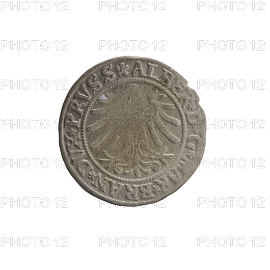 grosz, Wille, Albrecht (fl. 1520-?), publisher; Decius, Jost Ludwik (fl. 1528-1535); Straub (Strawb), Heinrich, publisher. Albrecht Hohenzollern (Prince of Prussia; 1490–1568) — iconography: eagles, Hohenzollern coat of arms, male busts in armour, Prussian eagle. Obverse: male bust in armor, profile turned to the right, short hair, beard with sideburns. In the rim, between the pearl borders, an inscription beginning with a rosette: ALBER*D*G*MAR*BRAN*DVX*PRVSS. Reverse: inscription beginning with the Hohenzollern coat of arms: *IVSTVS*EX*FIDE*VIVIT*I53Z*. Date: 1532. Place: Ducal Prussia (1525–1701), Königsberg. Coin: diameter 22.9 mm, weight 1.87 g, axis 320°.
