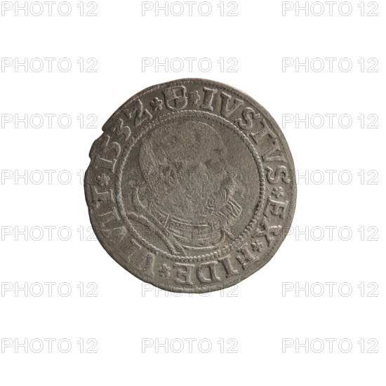 grosz, Wille, Albrecht (fl. 1520-?), publisher; Decius, Jost Ludwik (fl. 1528-1535); Straub (Strawb), Heinrich, publisher; Albrecht Hohenzollern (Prince of Prussia; 1490–1568) — iconography: eagles, Hohenzollern coat of arms; male busts in armour, Prussian eagle. Obverse (rim, between pearl borders): inscription beginning with a rosette: ALBER*D*G*MAR*BRAN*DVX*PRVSS. Reverse: male bust in armor, profile turned to the right, short hair, beard with sideburns; rim inscription beginning with the Hohenzollern coat of arms: *IVSTVS*EX*FIDE*VIVIT*I53Z*. Date: 1532. Place: Ducal Prussia (1525–1701), Königsberg. Coin: diameter 22.9 mm, weight 1.87 g, axis 320°.
