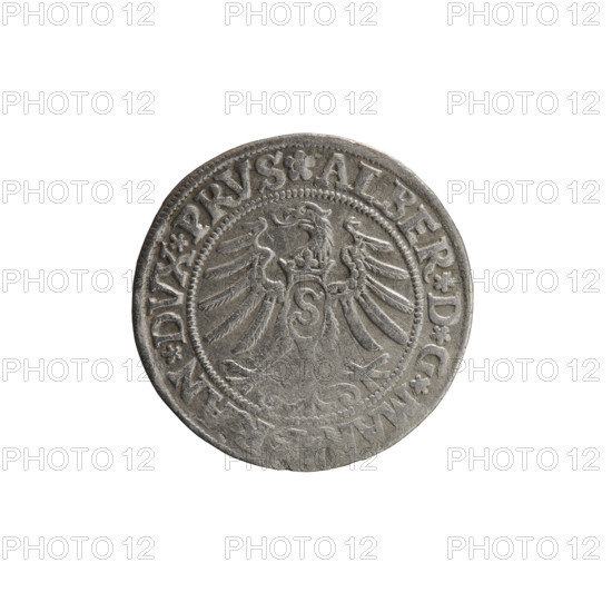 Decius Grosz; Jost Ludwik (fl. 1528–1535) maker; Albrecht Wille (fl. 1520–?) and Heinrich Straub (Strawb), publishers. Coin (Ducal Prussia, Königsberg), 1532. Silver, diameter 22.8 mm, weight 1.94 g, axis 180°. Obverse: Prussian eagle (on its breast a crowned letter S), along the rim between pearly borders an inscription beginning with a rosette ALBER*D*G*MA, AN*DVX*PRVS. Reverse: male bust in armor, profile right, short hair, beard with sideburns; along the rim between pearly borders beginning with the Hohenzollern coat of arms shield, inscription STVS*EX*FIDE*VIVIT*I53Z*. Iconography: Albrecht Hohenzollern (Prince of Prussia; 1490–1568), Hohenzollern coat of arms.