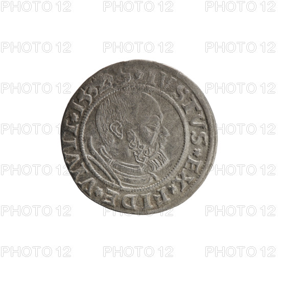 grosz, Decius, Jost Ludwik (fl. 1528-1535), Wille, Albrecht (fl. 1520-?), publisher, Straub (Strawb), Heinrich, publisher; eagles; Albrecht Hohenzollern (Prince of Prussia; 1490-1568) - iconography; Hohenzollern (coat of arms); male busts in armour; Aw. Prussian Eagle, on its breast a crowned letter S. Along the rim, between the pearly borders, an inscription beginning with a rosette ALBER*D*G*MA, AN*DVX*PRVS. Rv. Male bust in armor, profile turned to the right, short hair, beard with sideburns. Along the rim, between the pearly borders, an inscription beginning with the Hohenzollern coat of arms shield, STVS*EX*FIDE*VIVIT*I53Z*. 1532. Ducal Prussia (1525-1701), Königsberg. Coin: diameter 22.8 mm, weight 1.94 g, axis 180 degrees.