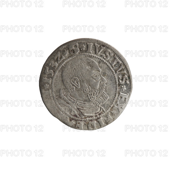 grosz, Straub (Strawb), Heinrich, publisher, Decjusz, Jost Ludwik (fl. 1528-1535), Wille, Albrecht (fl. 1520-?), publisher, eagles, Albrecht Hohenzollern (Prince of Prussia; 1490-1568) - iconography, Hohenzollern (coat of arms), male busts in armour, Aw. Prussian Eagle, on its breast a crowned letter S. Along the rim, between the pearly borders, an inscription beginning with a rosette ALBER*D*, MAR*BRAN*DVX*PRVS. Rw. Male bust in armor, profile turned to the right, short hair, beard with sideburns. Along the rim, between the pearly borders, an inscription beginning with the Hohenzollern coat of arms shield *IVSTVS*EX*FIDE, *I53Z*, 1532, Ducal Prussia (1525-1701), Königsberg, coin: diameter 22.2 mm, weight 1.83 g, axis 0 deg.