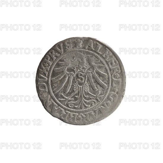 grosz; Straub (Strawb), Heinrich, publisher; Wille, Albrecht (fl. 1520-?), publisher; Decjusz, Jost Ludwik (fl. 1528-1535); Albrecht Hohenzollern (Prince of Prussia; 1490-1568) — iconography: eagles, Hohenzollern coat of arms, male busts in armour; aw. Prussian Eagle with on its breast a crowned letter S. Along the rim, between the pearly borders, an inscription beginning with a rosette ALBER*D*G*MAR*BRAN*DVX*PRVS. Rv. Male bust in armor, profile turned to the right, short hair, beard with sideburns. Along the rim, between the pearly borders, an inscription beginning with the Hohenzollern coat of arms *IVSTVS*EX*FIDE*VIVIT*I53Z*. 1532. Ducal Prussia (1525–1701), Königsberg. Coin: diameter 22.5 mm, weight 1.69 g, axis 315°.