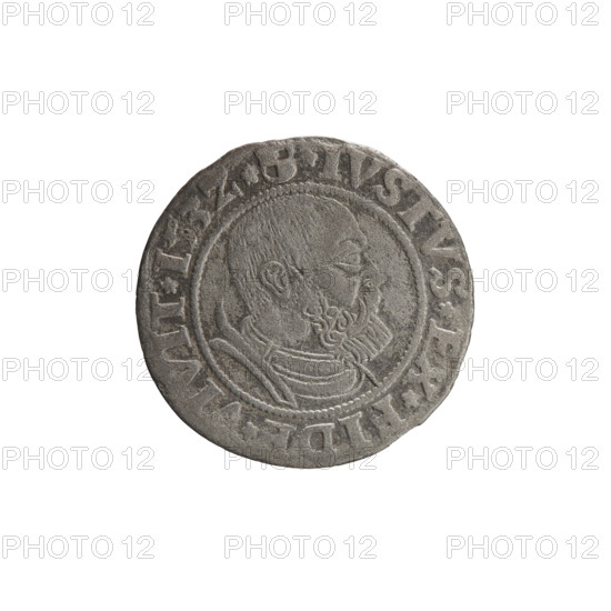 grosz; Straub (Strawb), Heinrich, publisher; Wille, Albrecht (fl. 1520-?), publisher; Decjusz, Jost Ludwik (fl. 1528-1535); Albrecht Hohenzollern (Prince of Prussia; 1490-1568) — iconography: eagles, Hohenzollern (coat of arms), male busts in armour. Aw. Prussian Eagle, on its breast a crowned letter S. Along the rim, between the pearly borders, an inscription beginning with a rosette: ALBER*D*G*MAR*BRAN*DVX*PRVS. Rw. Male bust in armor, profile turned to the right, short hair, beard with sideburns. Along the rim, between the pearly borders, an inscription beginning with the Hohenzollern coat of arms: *IVSTVS*EX*FIDE*VIVIT* I53Z*. 1532; Ducal Prussia (1525–1701), Königsberg; coin: diameter 22.5 mm, weight 1.69 g, axis 315°.