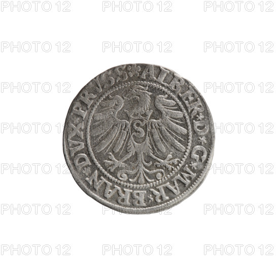 Obverse: Aw. Prussian Eagle, on its breast a crowned letter S. Along the rim, between the pearly borders, an inscription beginning with a rosette ALBER*D*G*MAR*BRAN*DVX*PRVSS. Reverse: Male bust in armor, profile turned to the right, short hair, beard with sideburns. Along the rim, between the pearly borders, an inscription beginning with the Hohenzollern coat of arms *IVSTVS*EX*FIDE*VIVIT*I53Z*. Maker/publishers: Grosz; Straub (Strawb), Heinrich; Wille, Albrecht (fl. 1520-?); Decjusz, Jost Ludwik (fl. 1528-1535); Szymonski, Jan (1887-1954). Subject: Albrecht Hohenzollern (Prince of Prussia; 1490-1568) — iconography. Date: 1532. Place: Ducal Prussia (1525–1701), Königsberg. Object: coin; diameter 22.3 mm; weight 1.89 g; axis 135°.