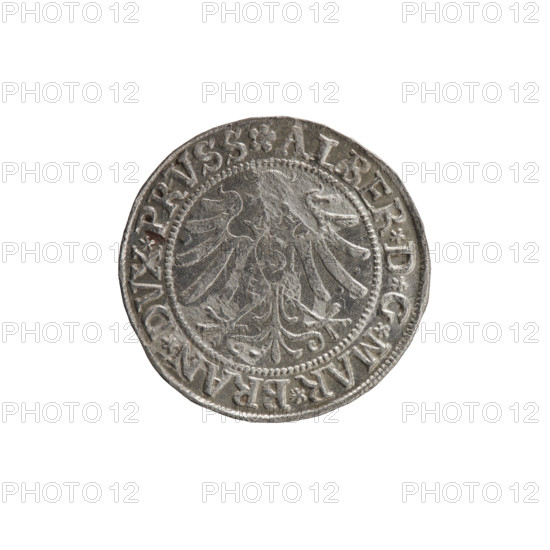 grosz, Straub (Strawb), Heinrich, publisher, Wille, Albrecht (fl. 1520-?), publisher, Decjusz, Jost Ludwik (fl. 1528-1535), eagles, Albrecht Hohenzollern (Prince of Prussia; 1490-1568) - iconography, Hohenzollern (coat of arms), male busts in armour, Aw. Prussian Eagle, on its breast a crowned letter S. Along the rim, between the pearly borders, an inscription beginning with a rosette ALBER*D*G*MAR*BRAN*DVX*PRVSS. Rw. Male bust in armor, profile turned to the right, short hair, beard with sideburns. Along the rim, between the pearly borders, an inscription beginning with the Hohenzollern coat of arms *IVSTVS*EX*FIDE*VIVIT*I53Z*. 1532, Ducal Prussia (1525-1701), Königsberg, coin: diameter 23.0 mm, weight 1.82 g, axis 40 degrees.