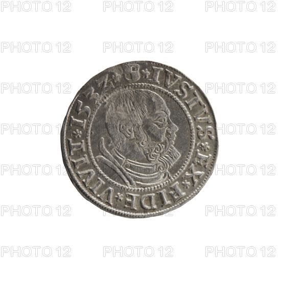 grosz, Straub (Strawb), Heinrich, publisher, Wille, Albrecht (fl. 1520-?), publisher, Decjusz, Jost Ludwik (fl. 1528-1535), eagles, Albrecht Hohenzollern (Prince of Prussia; 1490-1568) - iconography, Hohenzollern (coat of arms), male busts in armour, Aw. Prussian Eagle, on its breast a crowned letter S. Along the rim, between the pearly borders, an inscription beginning with a rosette ALBER*D*G*MAR*BRAN*DVX*PRVSS. Rw. Male bust in armor, profile turned to the right, short hair, beard with sideburns. Along the rim, between the pearly borders, an inscription beginning with the Hohenzollern coat of arms *IVSTVS*EX*FIDE*VIVIT*I53Z*. 1532, Ducal Prussia (1525-1701), Königsberg, coin: diameter 23.0 mm, weight 1.82 g, axis 40 degrees.