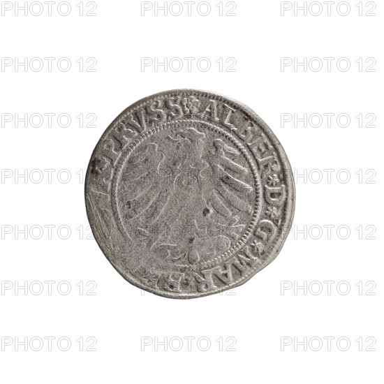 grosz; Decius, Jost Ludwik (fl. 1528–1535); Straub (Strawb), Heinrich, publisher; Wille, Albrecht (fl. 1520–?), publisher. Obverse: male bust in armour, profile right; along rim between pearly borders an inscription beginning with a rosette ALBER*D*G*MAR*B, X*PRVSS Rw. Reverse: Prussian eagle on its chest a crowned letter S; along rim between pearly borders an inscription beginning with the Hohenzollern coat of arms *IVSTVS*EX*FIDE*VI. Iconography: Albrecht Hohenzollern (Prince of Prussia; 1490–1568) — Hohenzollern coat of arms. Date: 1532. Place: Ducal Prussia (1525–1701), Königsberg. Object: coin (grosz); diameter 22.7 mm; weight 1.75 g; axis 220°.