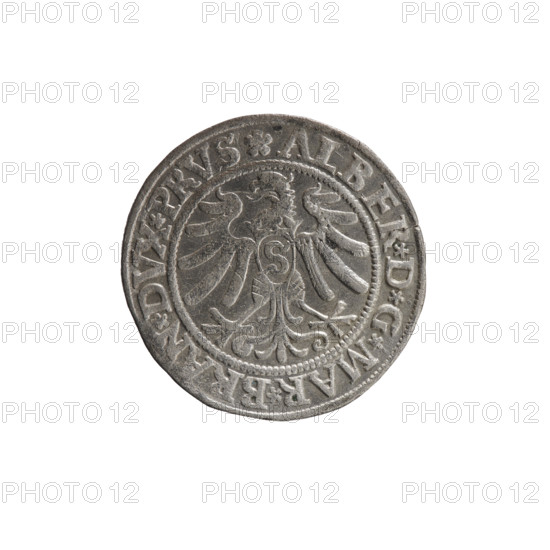grosz, Straub (Strawb), Heinrich, publisher, Wille, Albrecht (fl. 1520-?), publisher, Decjusz, Jost Ludwik (fl. 1528-1535), eagles, Albrecht Hohenzollern (Prince of Prussia; 1490-1568) - iconography, Hohenzollern (coat of arms), male busts in armour, Aw. Prussian Eagle, on its breast a crowned letter S. Along the rim, between the pearly borders, an inscription beginning with a rosette ALBER*D*G*MAR*BRAN*DVX*PRVS Rw. Male bust in armor, profile turned to the right, short hair, beard with sideburns. Along the rim, between the pearly borders, an inscription beginning with the Hohenzollern coat of arms *IVSTVS*EX*FIDE*VIVIT*I53Z*, 1532, Ducal Prussia (1525-1701), Königsberg, coin, coin: diameter 22.9 mm, weight 1.93 g, axis 135 degrees.