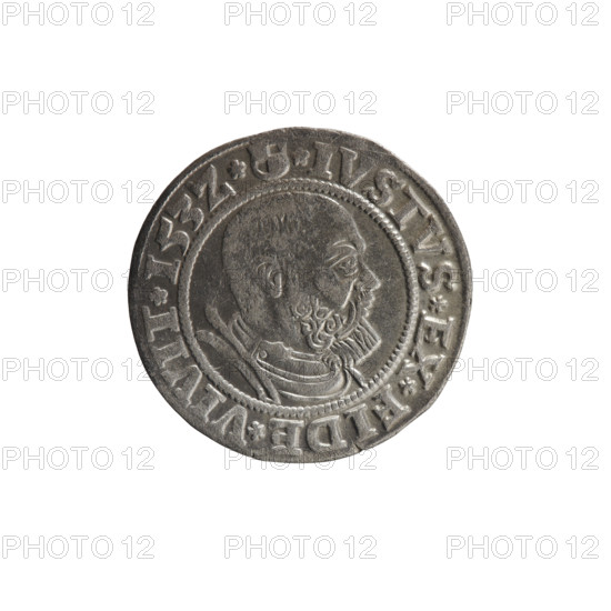 grosz, Straub (Strawb), Heinrich, publisher, Wille, Albrecht (fl. 1520-?), publisher, Decjusz, Jost Ludwik (fl. 1528-1535), eagles, Albrecht Hohenzollern (Prince of Prussia; 1490-1568) - iconography, Hohenzollern (coat of arms), male busts in armour, Aw. Prussian Eagle, on its breast a crowned letter S. Along the rim, between the pearly borders, an inscription beginning with a rosette ALBER*D*G*MAR*BRAN*DVX*PRVS. Rw. Male bust in armor, profile turned to the right, short hair, beard with sideburns. Along the rim, between the pearly borders, an inscription beginning with the Hohenzollern coat of arms *IVSTVS*EX*FIDE*VIVIT*I53Z*. 1532, Ducal Prussia (1525-1701), Königsberg, coin: diameter 22.9 mm, weight 1.93 g, axis 135 degrees.