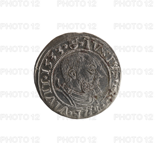 grosz; Straub (Strawb), Heinrich, publisher; Wille, Albrecht (fl. 1520-?), publisher; Decjusz, Jost Ludwik (fl. 1528-1535); Albrecht Hohenzollern (Prince of Prussia; 1490-1568) — iconography: eagles, Hohenzollern coat of arms, male busts in armour; Aw. Prussian eagle, on its breast a crowned letter S. Along the rim, between the pearly borders, an inscription beginning with a rosette ALB, *G*MAR*BRAN*DVX*PRVSS. Rv. Male bust in armor, profile turned to the right, short hair, beard with sideburns. Along the rim, between the pearly borders, an inscription beginning with the Hohenzollern coat of arms shield *IVSTVS*, DE*VIVIT*I533*. 1533. Ducal Prussia (1525–1701), Königsberg. Coin: diameter 23.0 mm, weight 1.98 g, axis 315°.