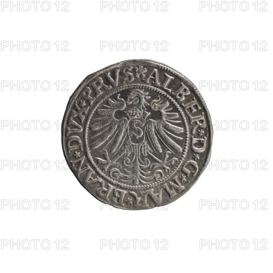 grosz, Wille, Albrecht (fl. 1520-?), publisher; Straub (Strawb), Heinrich, publisher; Decjusz, Jost Ludwik (fl. 1528-1535). 1533. Ducal Prussia (1525–1701), Königsberg. Coin (grosz): diameter 22.9 mm, weight 1.91 g, axis 270°. Obverse: male bust in armour, profile turned to the right, short hair, beard with sideburns; along the rim, between pearly borders, an inscription beginning with a rosette ALBER*D*G*MAR*BRAN*DVX*PRVS and the Hohenzollern coat of arms. Reverse: Aw. Prussian Eagle with on its breast a crowned letter S; along the rim, between pearly borders, an inscription beginning with *IVSTVS*EX*FIDE*VIVIT*I533*. Iconography: Albrecht Hohenzollern (Prince of Prussia; 1490–1568) — male busts in armour, Hohenzollern (coat of arms).