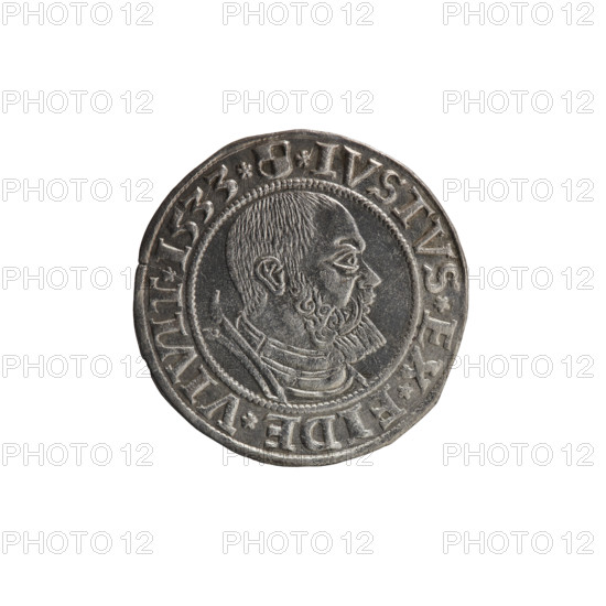 grosz, Wille, Albrecht (fl. 1520-?), publisher; Straub (Strawb), Heinrich, publisher; Decjusz, Jost Ludwik (fl. 1528-1535). Albrecht Hohenzollern (Prince of Prussia; 1490–1568) — iconography: obverse male bust in armour, profile right, short hair, beard with sideburns; Hohenzollern coat of arms. Reverse: Prussian Eagle, on its breast a crowned letter S. Along the rim, between pearly borders, inscriptions: obverse beginning with a rosette ALBER*D*G*MAR*BRAN*DVX*PRVS; reverse beginning with *IVSTVS*EX*FIDE*VIVIT*I533*. Dated 1533. Ducal Prussia (1525–1701), Königsberg. Coin: diameter 22.9 mm, weight 1.91 g, axis 270°.