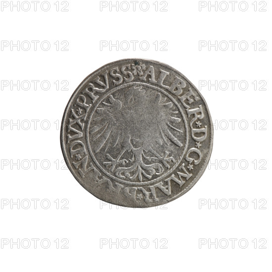 Grosz, Straub (Strawb), Heinrich, publisher; Wille, Albrecht (fl. 1520-?), publisher; Decjusz, Jost Ludwik (fl. 1528-1535). Albrecht Hohenzollern (Prince of Prussia; 1490–1568) — iconography: eagles, Hohenzollern (coat of arms), male busts in armour, Prussian Eagle with on its breast a crowned letter S. Along the rim, between the pearly borders, an inscription beginning with a rosette ALBER*D*G*MAR*BRAN*DVX*PRVSS. Reverse: male bust in armor, profile turned to the right, short hair, beard with sideburns. Along the rim, between the pearly borders, an inscription beginning with the Hohenzollern coat of arms *IVSTVS*EX*FIDE*VIVIT*I533*. Date: 1533. Place: Ducal Prussia (1525–1701), Königsberg. Object: coin; diameter 23.1 mm; weight 1.86 g; axis 170°.