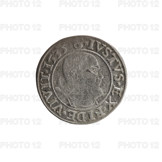 grosz; Straub (Strawb), Heinrich, publisher; Wille, Albrecht (fl. 1520-?), publisher; Decjusz, Jost Ludwik (fl. 1528-1535); Albrecht Hohenzollern (Prince of Prussia; 1490-1568) — iconography: eagles, Hohenzollern (coat of arms), male busts in armour. Obverse: Prussian eagle with on its breast a crowned letter S; along the rim between pearly borders an inscription beginning with a rosette ALBER*D*G*MAR*BRAN*DVX*PRVSS. Reverse: male bust in armor, profile turned to the right, short hair, beard with sideburns; along the rim between pearly borders an inscription beginning with the Hohenzollern coat of arms *IVSTVS*EX*FIDE*VIVIT*I533*. Date: 1533. Place: Ducal Prussia (1525–1701), Königsberg. Object: coin; diameter 23.1 mm; weight 1.86 g; axis 170°.