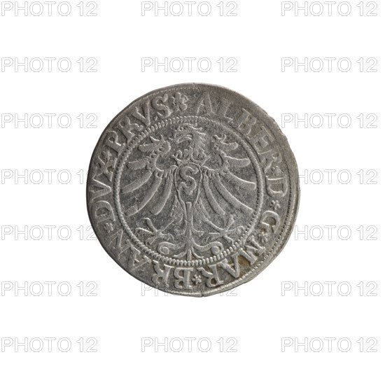 grosz; Straub (Strawb), Heinrich, publisher; Wille, Albrecht (fl. 1520-?), publisher; Decjusz, Jost Ludwik (fl. 1528-1535); Albrecht Hohenzollern (Prince of Prussia; 1490–1568). Iconography: eagles, Hohenzollern coat of arms, male busts in armour, Prussian Eagle with on its breast a crowned letter S. Obverse: Along the rim, between pearly borders, an inscription beginning with a rosette ALBER*D*G*MAR*BRAN*DVX*PRVS. Reverse: Male bust in armor, profile to the right, short hair, beard with sideburns; along the rim, between pearly borders, an inscription beginning with the Hohenzollern coat of arms *IVSTVS*EX*FIDE*VIVIT*I533*. Date: 1533. Place: Ducal Prussia (1525–1701), Königsberg. Medium: coin; diameter 22.8 mm; weight 1.85 g; axis 225°.