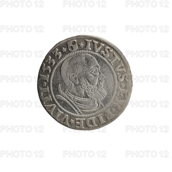 grosz; Straub (Strawb), Heinrich, publisher; Wille, Albrecht (fl. 1520-?), publisher; Decjusz, Jost Ludwik (fl. 1528-1535); Albrecht Hohenzollern (Prince of Prussia; 1490-1568) — iconography: eagles, Hohenzollern coat of arms; male busts in armour; Aw. Prussian Eagle with crowned letter S on its breast. Along the rim, between the pearly borders, an inscription beginning with a rosette ALBER*D*G*MAR*BRAN*DVX*PRVS. Rw. Male bust in armor, profile turned to the right, short hair, beard with sideburns. Along the rim, between the pearly borders, an inscription beginning with the Hohenzollern coat of arms *IVSTVS*EX*FIDE*VIVIT*I533*. 1533. Ducal Prussia (1525–1701), Königsberg. Coin: diameter 22.8 mm; weight 1.85 g; axis 225°.