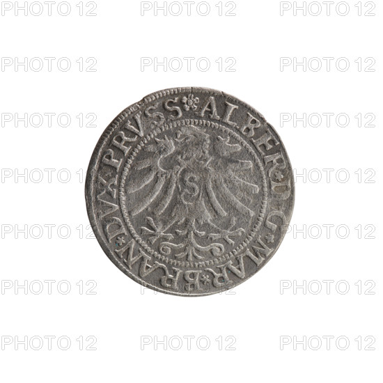 grosz; Straub (Strawb), Heinrich, publisher; Decjusz, Jost Ludwik (fl. 1528-1535); Wille, Albrecht (fl. 1520-?), publisher; Albrecht Hohenzollern (Prince of Prussia; 1490-1568) — iconography: eagles; Hohenzollern coat of arms; male busts in armour; obverse: Prussian Eagle with on its breast a crowned letter S; along the rim, between pearly borders, inscription beginning with a rosette ALBER*D*G*MAR*BRAN*DVX*PRVSS; reverse: male bust in armor, profile to the right, short hair, beard with sideburns; along the rim, between pearly borders, inscription beginning with the Hohenzollern coat of arms *IVSTVS*EX*FIDE*VIVIT*I533*; 1533; Ducal Prussia (1525–1701), Königsberg; coin: diameter 22.5 mm, weight 1.75 g, axis 270°