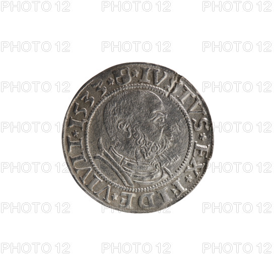 grosz; Straub (Strawb), Heinrich, publisher; Decjusz, Jost Ludwik (fl. 1528–1535); Wille, Albrecht (fl. 1520–?), publisher; Albrecht Hohenzollern (Prince of Prussia; 1490–1568) — iconography: eagles, Hohenzollern (coat of arms), male busts in armour; obverse: Prussian Eagle with on its breast a crowned letter S; along the rim between pearly borders an inscription beginning with a rosette ALBER*D*G*MAR*BRAN*DVX*PRVSS; reverse: male bust in armor, profile to the right, short hair, beard with sideburns; along the rim between pearly borders an inscription beginning with the Hohenzollern coat of arms *IVSTVS*EX*FIDE*VIVIT*I533*; 1533; Ducal Prussia (1525–1701), Königsberg; coin: diameter 22.5 mm, weight 1.75 g, axis 270°