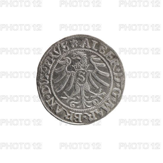 grosz, Straub (Strawb), Heinrich, publisher, Wille, Albrecht (fl. 1520-?), publisher, Decjusz, Jost Ludwik (fl. 1528-1535), Albrecht Hohenzollern (Prince of Prussia; 1490-1568) - iconography, Hohenzollern (coat of arms), male busts in armour, eagles, Prussian Eagle, on its breast a crowned letter S. Along the rim, between the pearly borders, an inscription beginning with a rosette ALBER*D*G*MAR*BRAN*DVX*PRVS. Male bust in armor, profile turned to the right, short hair, beard with sideburns. Along the rim, between the pearly borders, an inscription beginning with the Hohenzollern coat of arms shield *IVSTVS*EX*FIDE*VIVIT*I533*. 1533, Ducal Prussia (1525-1701), Königsberg. Coin: diameter 22.9 mm, weight 1.95 g, axis 225 degrees.