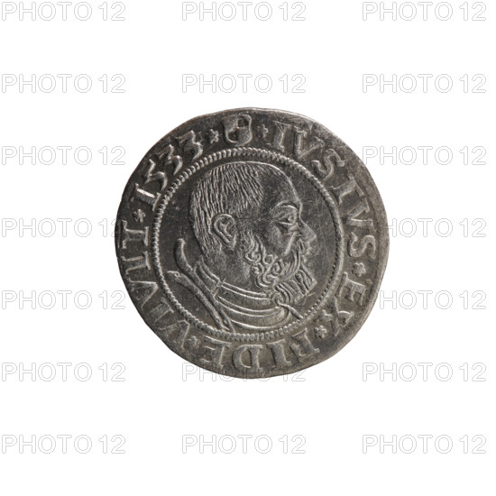 grosz; Straub (Strawb), Heinrich, publisher; Wille, Albrecht (fl. 1520-?), publisher; Decjusz, Jost Ludwik (fl. 1528-1535); Albrecht Hohenzollern (Prince of Prussia; 1490–1568) — iconography: Hohenzollern coat of arms; male busts in armour; eagles; Prussian Eagle with on its breast a crowned letter S. Obverse: along the rim between pearly borders, an inscription beginning with a rosette ALBER*D*G*MAR*BRAN*DVX*PRVS. Reverse: male bust in armor, profile turned right, short hair, beard with sideburns; along the rim between pearly borders an inscription beginning with the Hohenzollern coat of arms shield *IVSTVS*EX*FIDE*VIVIT*I533*. Date: 1533. Issued in Ducal Prussia (1525–1701), Königsberg. Coin: diameter 22.9 mm, weight 1.95 g, axis 225°.