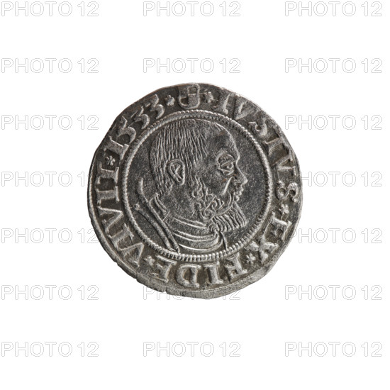 grosz; Straub (Strawb), Heinrich, publisher; Wille, Albrecht (fl. 1520-?), publisher; Decjusz, Jost Ludwik (fl. 1528-1535); Albrecht Hohenzollern (Prince of Prussia; 1490-1568) — iconography: eagles, Hohenzollern coat of arms, male busts in armour. Obverse: Prussian eagle, on its breast a crowned letter S; along the rim between pearly borders an inscription beginning with a rosette ALBER*D*G*MAR*BRAN*DVX*PRVSS. Reverse: male bust in armor, profile right, short hair, beard with sideburns; along the rim between pearly borders an inscription beginning with the Hohenzollern coat of arms *IVSTVS*EX*FIDE*VIVIT*I533*. Date: 1533. Place: Ducal Prussia (1525–1701), Königsberg. Coin: diameter 22.8 mm, weight 1.89 g, axis 135°.