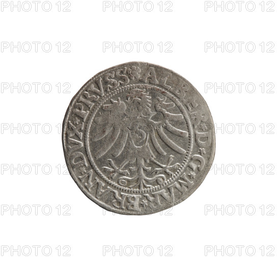 Straub (Strawb), Heinrich, publisher; Wille, Albrecht (fl. 1520-?), publisher; Decjusz, Jost Ludwik (fl. 1528-1535); Albrecht Hohenzollern (Prince of Prussia; 1490–1568) — iconography: Hohenzollern coat of arms; male busts in armour; eagles; Prussian Eagle with on its breast a crowned letter S. Along the rim, between pearly borders, an inscription beginning with a rosette ALBER*D*G*MAR*BRAN*DVX*PRVSS. Reverse: male bust in armor, profile turned right, short hair, beard with sideburns. Along the rim, between pearly borders, an inscription beginning with the Hohenzollern coat of arms shield *IVSTVS*EX*FIDE*VIVIT*I533*. Date: 1533. Provenance: Ducal Prussia (1525–1701), Königsberg. Object: coin; diameter 22.7 mm; weight 1.91 g; axis 250 degrees.