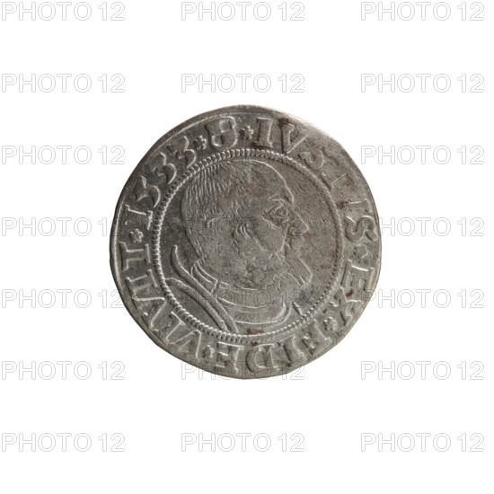 grosz; Straub (Strawb), Heinrich, publisher; Wille, Albrecht (fl. 1520-?), publisher; Decjusz, Jost Ludwik (fl. 1528-1535); Albrecht Hohenzollern (Prince of Prussia; 1490–1568) — iconography: Hohenzollern coat of arms, male busts in armour, eagles, Prussian Eagle with crowned letter S on its breast. Obverse: male bust in armor, profile right, short hair, beard with sideburns; along the rim between pearly borders an inscription beginning with a rosette ALBER*D*G*MAR*BRAN*DVX*PRVSS. Reverse: Hohenzollern coat of arms shield with inscription *IVSTVS*EX*FIDE*VIVIT*I533*. Date: 1533. Place: Ducal Prussia (1525–1701), Königsberg. Object: coin; diameter 22.7 mm; weight 1.91 g; axis 250°.