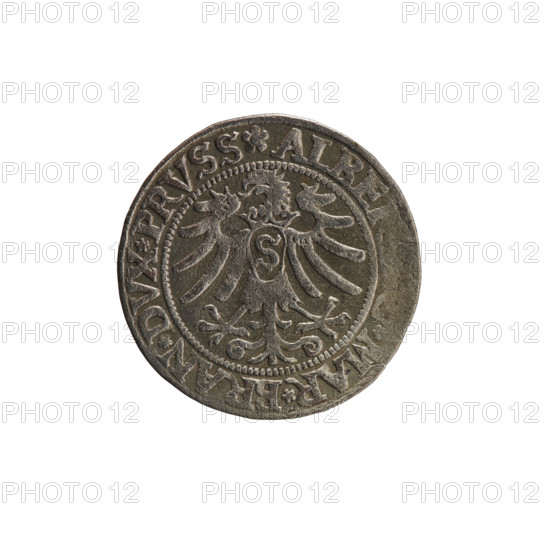 grosz; Straub (Strawb), Heinrich, publisher; Wille, Albrecht (fl. 1520-?), publisher; Decjusz, Jost Ludwik (fl. 1528-1535); eagles; Hohenzollern (coat of arms); male busts in armour; Albrecht Hohenzollern (prince of Prussia; 1490-1568) — iconography; Prussian eagle on its breast a crowned letter S; along the rim, between the pearly borders, an inscription beginning with a rosette AL, MAR*BRAN*DVX*PRVSS Rv.; male bust in armor, profile turned to the right, short hair, beard with sideburns; along the rim, between the pearly borders, an inscription beginning with the Hohenzollern coat of arms shield *IVSTVS*EX*FIDE*; 1533; Ducal Prussia (1525–1701); Königsberg; coin; diameter 22.9 mm; weight 1.85 g; axis 20°.