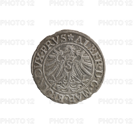 grosz; Straub (Strawb), Heinrich, publisher; Wille, Albrecht (fl. 1520-?), publisher; Decjusz, Jost Ludwik (fl. 1528-1535); eagles; Albrecht Hohenzollern (Prince of Prussia; 1490-1568) — iconography; Hohenzollern (coat of arms); male busts in armour; Aw. Prussian Eagle, on its breast a crowned letter S. Along the rim, between the pearly borders, an inscription beginning with a rosette ALBER*D*G*MAR*BRAN*DVX*PRVS. Rw. Male bust in armor, profile turned to the right, short hair, beard with sideburns. Along the rim, between the pearly borders, an inscription beginning with the Hohenzollern coat of arms *IVSTVS*EX, ID, *V, VIT*I533*. 1533. Ducal Prussia (1525–1701), Königsberg. Coin: diameter 22.8 mm; weight 1.84 g; axis 225°.