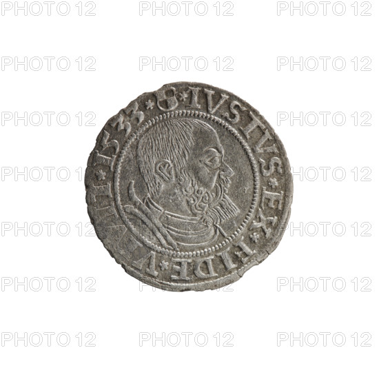 grosz, Straub (Strawb), Heinrich, publisher; Wille, Albrecht (fl. 1520-?), publisher; Decjusz, Jost Ludwik (fl. 1528-1535); eagles; Albrecht Hohenzollern (Prince of Prussia; 1490-1568) — iconography; Hohenzollern (coat of arms); male busts in armour; Aw. Prussian Eagle, on its breast a crowned letter S. Along the rim, between the pearly borders, an inscription beginning with a rosette ALBER*D*G*MAR*BRAN*DVX*PRVS. Rw. Male bust in armor, profile turned to the right, short hair, beard with sideburns. Along the rim, between the pearly borders, an inscription beginning with the Hohenzollern coat of arms *IVSTVS*EX, ID, *V, VIT*I533*. 1533. Ducal Prussia (1525–1701), Königsberg. Coin: diameter 22.8 mm; weight 1.84 g; axis 225°.