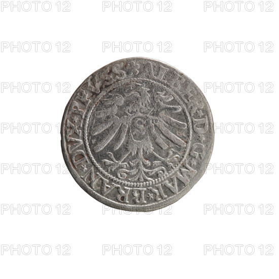 grosz, Wille, Albrecht (fl. 1520-?), publisher; Decjusz, Jost Ludwik (fl. 1528-1535); Straub (Strawb), Heinrich, publisher. Albrecht Hohenzollern (Prince of Prussia; 1490–1568). Iconography: eagles; Hohenzollern coat of arms; male busts in armour; Prussian Eagle with on its breast a crowned letter S. Obverse: along the rim between pearly borders, an inscription beginning with a rosette ALBER*D*G*MAR*BRAN*DVX*PRVSS. Reverse: male bust in armor, profile turned to the right, short hair, beard with sideburns; along the rim between pearly borders an inscription beginning with the Hohenzollern coat of arms *IVSTVS*EX*FIDE*VIVIT*I533*. Date: 1533. Place/State: Ducal Prussia (1525–1701), Königsberg. Object: coin; diameter 22.8 mm; weight 1.86 g; axis 180°.