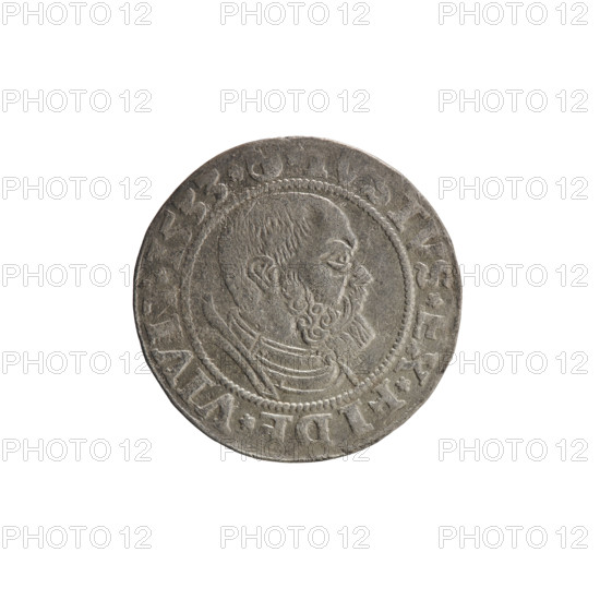Obverse: Aw. Prussian eagle, on its breast a crowned letter S. Along the rim, between the pearly borders, an inscription beginning with a rosette ALBER*D*G*MAR*BRAN*DVX*PRVS. Reverse: Male bust in armor, profile turned to the right, short hair, beard with sideburns. Along the rim, between the pearly borders, an inscription beginning with the Hohenzollern coat of arms, TVS*EX*FIDE*VIVIT*I533*. Makers/publishers: grosz; Straub (Strawb), Heinrich, publisher; Decjusz, Jost Ludwik (fl. 1528–1535); Wille, Albrecht (fl. 1520–?). Subject/maker: Albrecht Hohenzollern (Prince of Prussia; 1490–1568). Date: 1533. Place: Ducal Prussia (1525–1701), Königsberg. Object: coin; diameter 22.5 mm; weight 1.82 g; axis 225 degrees.