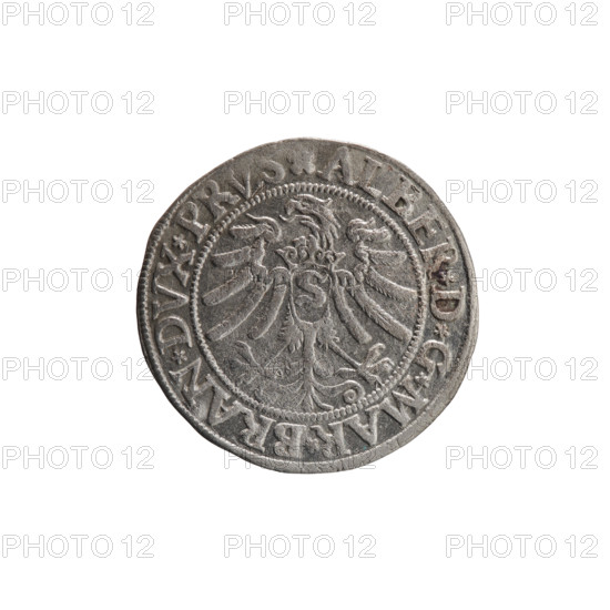 grosz; Straub (Strawb), Heinrich, publisher; Wille, Albrecht (fl. 1520-?), publisher; Decjusz, Jost Ludwik (fl. 1528-1535); Albrecht Hohenzollern (Prince of Prussia; 1490-1568) — iconography: eagles, Hohenzollern (coat of arms), male busts in armour, Prussian Eagle with on its breast a crowned letter S. Obverse: along the rim, between the pearly borders, an inscription beginning with a rosette ALBER*D*G*MAR*BRAN*DVX*PRVS. Reverse: male bust in armor, profile turned to the right, short hair, beard with sideburns; along the rim, between the pearly borders, an inscription beginning with the Hohenzollern coat of arms shield *IVSTVS*EX*FIDE*VIVIT*I533*. Date: 1533. Place/style: Ducal Prussia (1525–1701), Königsberg. Object: coin; diameter 23.2 mm; weight 1.88 g; axis 180 degrees.