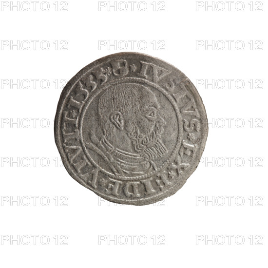 grosz, Straub (Strawb), Heinrich, publisher, Decjusz, Jost Ludwik (fl. 1528-1535), Wille, Albrecht (fl. 1520-?), publisher, Albrecht Hohenzollern (Prince of Prussia; 1490-1568) - iconography, eagles, Hohenzollern (coat of arms), male busts in armour, Aw. Prussian Eagle, on its breast a crowned letter S. Along the rim, between the pearly borders, an inscription beginning with a rosette ALBER*D*G*MAR*BRAN*DVX*PRVSS Rw. Male bust in armor, profile turned to the right, short hair, beard with sideburns. Along the rim, between the pearly borders, an inscription beginning with the Hohenzollern coat of arms shield *IVSTVS*EX*FIDE*VIVIT*I533*, 1533, Ducal Prussia (1525-1701), Königsberg, coin, coin: diameter 23.8 mm, weight 1.75 g, axis 135 degrees.
