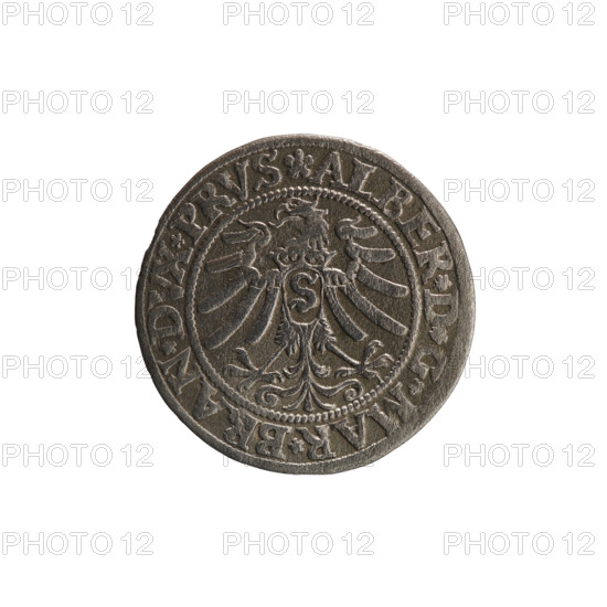 Grosz, Straub (Strawb), Heinrich, publisher; Wille, Albrecht (fl. 1520-?), publisher; Decjusz, Jost Ludwik (fl. 1528-1535). Albrecht Hohenzollern (Prince of Prussia; 1490–1568) — iconography: eagles, Hohenzollern coat of arms, male busts in armour. Obverse: Prussian eagle with on its breast a crowned letter S; along the rim between pearly borders an inscription beginning with a rosette ALBER*D*G*MAR*BRAN*DVX*PRVS. Reverse: male bust in armor, profile turned to the right, short hair, beard with sideburns; along the rim between pearly borders an inscription beginning with the Hohenzollern coat of arms *IVSTVS*EX*FIDE*VIVIT*I533*. Date: 1533. Issued in Ducal Prussia (1525–1701), Königsberg. Coin: diameter 23.1 mm, weight 1.85 g, axis 315°.