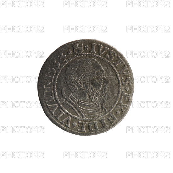 grosz; Straub (Strawb), Heinrich, publisher; Wille, Albrecht (fl. 1520-?), publisher; Decjusz, Jost Ludwik (fl. 1528-1535); Albrecht Hohenzollern (Prince of Prussia; 1490-1568) — iconography: eagles, Hohenzollern coat of arms, male busts in armour; obverse: Prussian Eagle with on its breast a crowned letter S; along the rim between pearly borders, inscription beginning with a rosette ALBER*D*G*MAR*BRAN*DVX*PRVS; reverse: male bust in armor, profile turned to the right, short hair, beard with sideburns; along the rim between the pearly borders, inscription beginning with the Hohenzollern coat of arms *IVSTVS*EX*FIDE*VIVIT*I533*; date 1533; Duchy of Prussia (1525–1701), Königsberg; coin: diameter 23.1 mm, weight 1.85 g, axis 315°