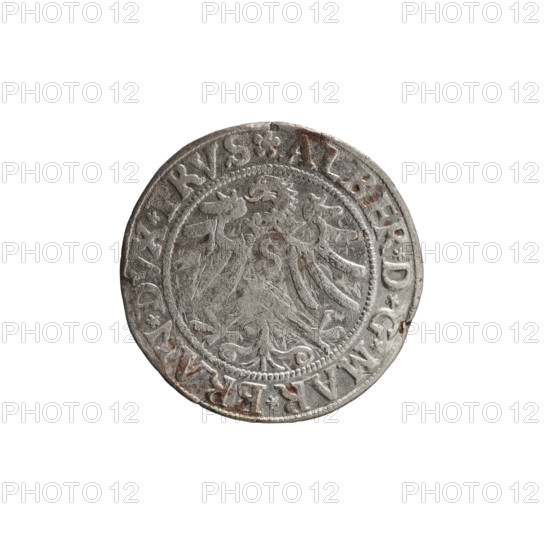 grosz, Wille, Albrecht (fl. 1520-?), publisher; Decjusz, Jost Ludwik (fl. 1528-1535); Straub (Strawb), Heinrich, publisher. Albrecht Hohenzollern (Prince of Prussia; 1490-1568) — iconography: eagles, male busts in armour, Hohenzollern coat of arms, Prussian Eagle with crowned letter S on its breast. Obverse: Along the rim, between the pearly borders, an inscription beginning with a rosette ALBER*D*G*MAR*BRAN*DVX*PRVS. Reverse: Male bust in armor, profile turned to the right, short hair, beard with sideburns; along the rim, between the pearly borders, an inscription beginning with the Hohenzollern coat of arms *IVSTVS*EX*FIDE*VIVIT*I533*. Date: 1533. Issue: Ducal Prussia (1525–1701), Königsberg. Coin: diameter 22.7 mm, weight 1.86 g, axis 270°.
