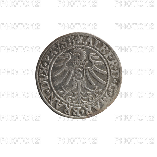 grosz; Straub (Strawb), Heinrich, publisher; Wille, Albrecht (fl. 1520-?), publisher; Decjusz, Jost Ludwik (fl. 1528-1535); eagles; Albrecht Hohenzollern (Prince of Prussia; 1490-1568) - iconography; male busts in armour; Hohenzollern (coat of arms); Prussian Eagle, on its breast a crowned letter S. Along the rim, between the pearly borders, an inscription beginning with a rosette ALBER*D*G*MAR*BRAN*DVX*PRVSS. Reverse: male bust in armor, profile turned to the right, short hair, beard with sideburns. Along the rim, between the pearly borders, an inscription beginning with the Hohenzollern coat of arms *IVSTVS*EX*FIDE*VIVIT*I533*. Date: 1533. Place: Ducal Prussia (1525–1701), Königsberg. Object: coin; diameter 22.8 mm; weight 2.03 g; axis 135 degrees.
