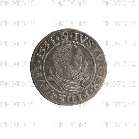 grosz; Straub (Strawb), Heinrich, publisher; Wille, Albrecht (fl. 1520-?), publisher; Decjusz, Jost Ludwik (fl. 1528-1535); eagles; Albrecht Hohenzollern (Prince of Prussia; 1490–1568) — iconography; male busts in armour; Hohenzollern (coat of arms); Prussian Eagle with on its breast a crowned letter S. Obverse: Along the rim, between pearly borders, an inscription beginning with a rosette ALBER*D*G*MAR*BRAN*DVX*PRVSS. Reverse: Male bust in armor, profile to the right, short hair, beard with sideburns; along the rim, between pearly borders, an inscription beginning with the Hohenzollern coat of arms *IVSTVS*EX*FIDE*VIVIT*I533*. Date: 1533. Place: Ducal Prussia (1525–1701), Königsberg. Object: coin; diameter 22.8 mm; weight 2.03 g; axis 135°.