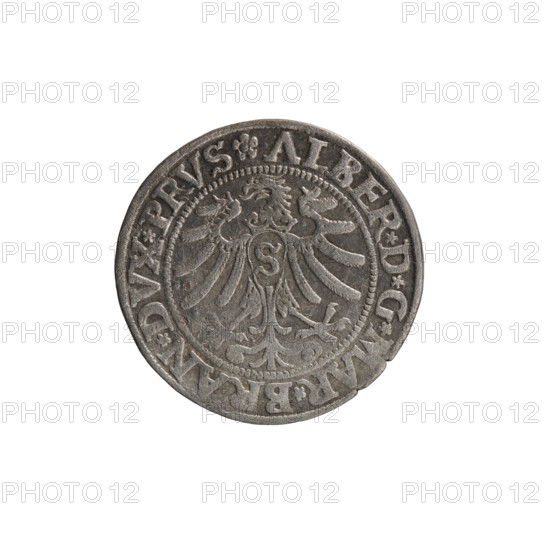 grosz; Wille, Albrecht (fl. 1520-?), publisher; Decjusz, Jost Ludwik (fl. 1528-1535); Straub (Strawb), Heinrich, publisher. Albrecht Hohenzollern (Prince of Prussia; 1490-1568) — iconography: eagles, Hohenzollern (coat of arms), male busts in armour; Obverse: Prussian Eagle, on its breast a crowned letter S; along the rim between pearly borders an inscription beginning with a rosette ALBER*D*G*MAR*BRAN*DVX*PRVS. Reverse: male bust in armor, profile right, short hair, beard with sideburns; along the rim between pearly borders an inscription beginning with the Hohenzollern coat of arms *IVSTVS*EX*FIDE*VIVIT*I533. Date: 1533. Region: Ducal Prussia (1525–1701), Königsberg. Object: coin (grosz); diameter 23.0 mm; weight 1.96 g; axis 225°.