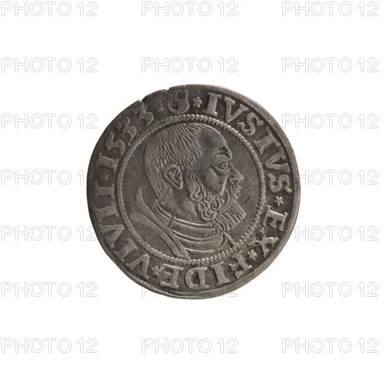 grosz, Wille, Albrecht (fl. 1520-?), publisher; Decjusz, Jost Ludwik (fl. 1528-1535); Straub (Strawb), Heinrich, publisher. Albrecht Hohenzollern (Prince of Prussia; 1490–1568) — iconography: eagles, Hohenzollern coat of arms, male busts in armour. Obverse: Prussian Eagle, on its breast a crowned letter S; along the rim, between the pearly borders, an inscription beginning with a rosette ALBER*D*G*MAR*BRAN*DVX*PRVS. Reverse: male bust in armor, profile turned to the right, short hair, beard with sideburns; along the rim, between the pearly borders, an inscription beginning with the Hohenzollern coat of arms *IVSTVS*EX*FIDE*VIVIT*I533. Date: 1533. Duchy: Ducal Prussia (1525–1701), Königsberg. Object: coin; diameter 23.0 mm; weight 1.96 g; axis 225°.