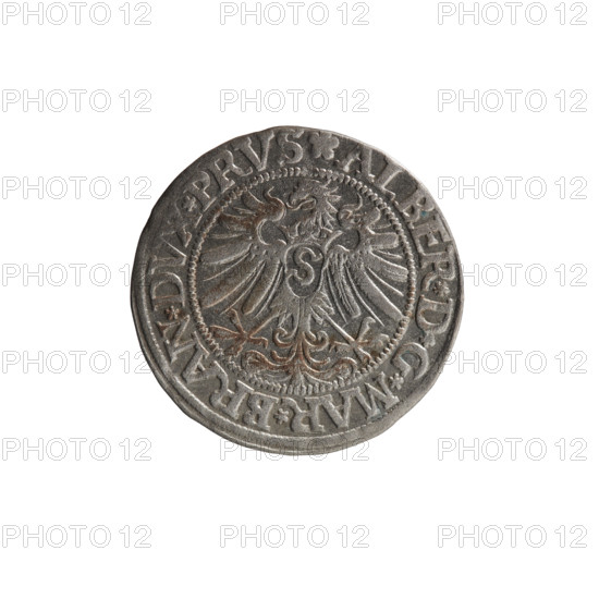 grosz; Straub (Strawb), Heinrich, publisher; Decjusz, Jost Ludwik (fl. 1528–1535); Wille, Albrecht (fl. 1520–?), publisher. Obverse: Prussian eagle, on its breast a crowned letter S; along the rim between pearly borders an inscription beginning with a rosette ALBER*D*G*MAR*BRAN*DVX*PRVS. Reverse: male bust in armour, profile right, short hair, beard with sideburns; along the rim between pearly borders an inscription beginning with the Hohenzollern coat of arms *IVSTVS*EX*FIDE*VIVIT*I533*. Date: 1533. Place: Ducal Prussia (1525–1701), Königsberg. Coin; diameter 22.8 mm; weight 1.90 g; axis 170°.