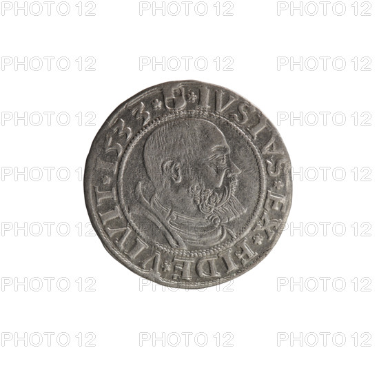 grosz; Straub (Strawb), Heinrich, publisher; Decjusz, Jost Ludwik (fl. 1528-1535); Wille, Albrecht (fl. 1520-?), publisher. Obverse: male bust in armor, profile right, short hair, beard with sideburns; Prussian Eagle with on its breast a crowned letter S; along rim between pearly borders an inscription beginning with a rosette ALBER*D*G*MAR*BRAN*DVX*PRVS. Reverse: Hohenzollern coat of arms; inscription beginning *IVSTVS*EX*FIDE*VIVIT*I533*; date 1533. Ducal Prussia (1525–1701), Königsberg. Coin: grosz, diameter 22.8 mm, weight 1.90 g, axis 170 degrees.