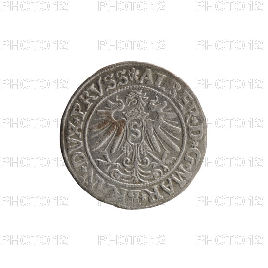 grosz; Straub (Strawb), Heinrich, publisher; Wille, Albrecht (fl. 1520-?), publisher; Decjusz, Jost Ludwik (fl. 1528-1535); eagles; Albrecht Hohenzollern (Prince of Prussia; 1490–1568) — iconography; male busts in armour; Hohenzollern (coat of arms); Prussian Eagle, on its breast a crowned letter S. Along the rim, between the pearly borders, an inscription beginning with a rosette ALBER*D*G*MAR*BRAN*DVX*PRVSS. Reverse: male bust in armor, profile turned to the right, short hair, beard with sideburns. Along the rim, between the pearly borders, an inscription beginning with the Hohenzollern coat of arms *IVSTVS*EX*FIDE*VIVIT*I533*. 1533. Ducal Prussia (1525–1701), Königsberg. Coin: diameter 22.7 mm, weight 1.97 g, axis 45°.